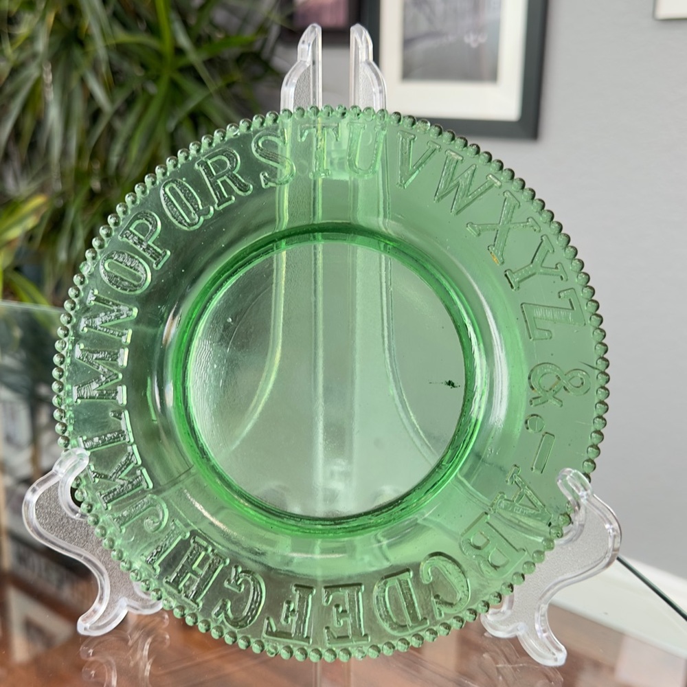 Antique Green Depression Glass Children’s Alphabet 7” Plate